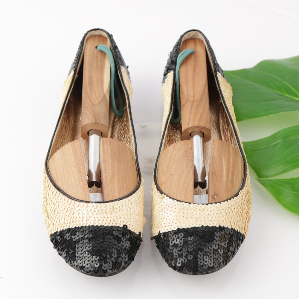 ALL-BLACK Womens Ballet Flats Size 37 6 Ivory Black Sequins Cap Toe Slip On Shoe
